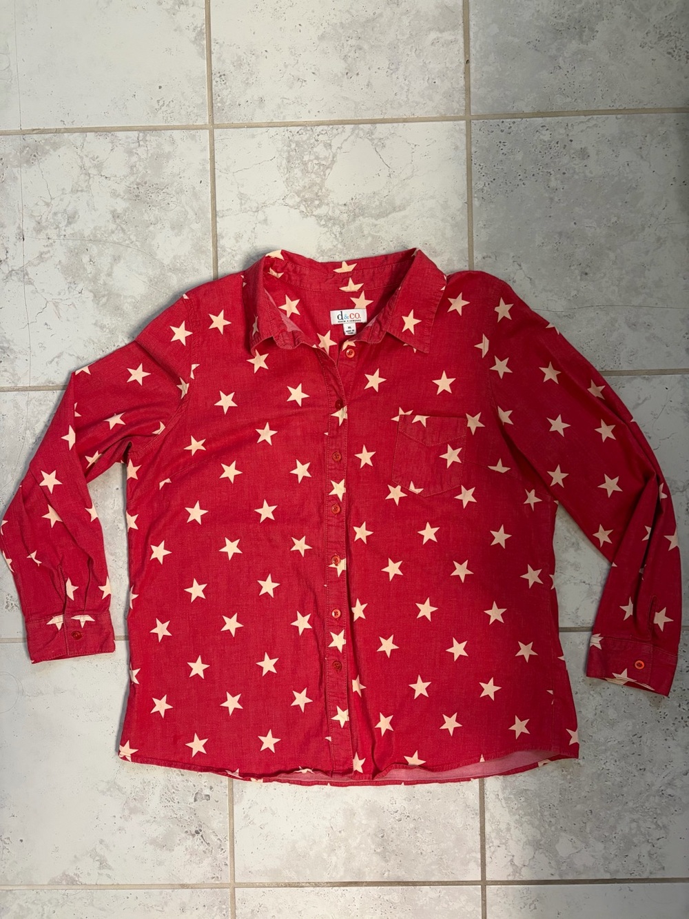 Denim & Co| Vintage Wash Americana Red Star-Print Button-Up Shirt | Sz XL